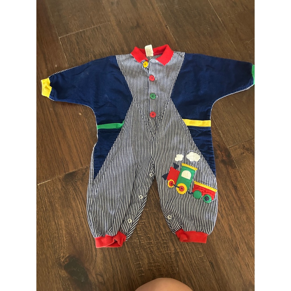 Vintage Train Applique Corduroy Hickory Stripe Coverall Navy Blue 100% cotton